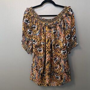Catherine Malandrino Yellow Pattern Short Sleeve blouse w/ brass nailhead trim